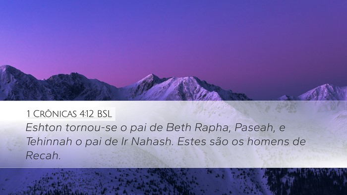 1 Crônicas 4:12 BSL Desktop Wallpaper - Eshton tornou-se o pai de Beth Rapha, Paseah, e - Desktop Bible Verse Wallpaper