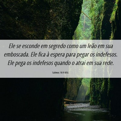 Picture 06 - Salmos 10:9 BSL - Ele se esconde em segredo como um leão em sua - Bible Verse Picture