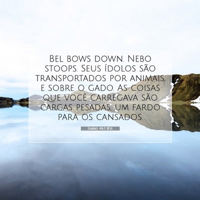 Picture 07 - Isaías 46:1 BSL - Bel bows down. Nebo stoops. Seus ídolos são - Bible Verse Picture