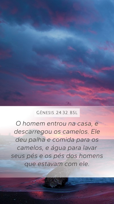 Gênesis 24:32 BSL Mobile Phone Wallpaper - O homem entrou na casa, e descarregou os camelos. - Mobile Bible Verse Wallpaper